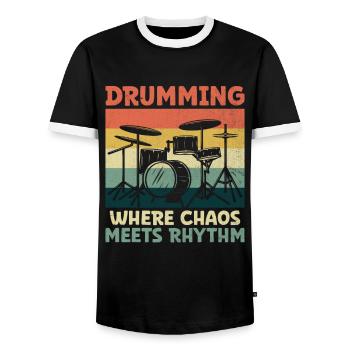 Tambour là où le chaos rencontre le rythme Tambour Batteur - T-shirt contrasté Homme - noir/blanc - Devant - AI Model Female 172 light (172cm) & AI Model Male 178 light (178cm)