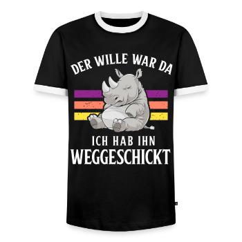 Rhino Tshirt Funny Funny Humor Sarcasm Irony - Men's Ringer Shirt - black/white - Front - AI Model Female 172 light (172cm) & AI Model Male 178 light (178cm)