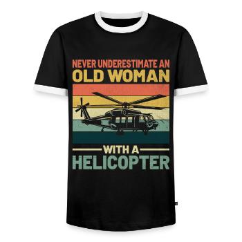Ne sous-estimez jamais une vieille femme avec un hélicoptère - T-shirt contrasté Homme - noir/blanc - Devant - AI Model Female 172 light (172cm) & AI Model Male 178 light (178cm)