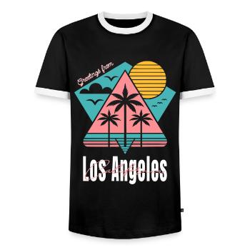 Salutation rétro californienne - palmiers au coucher du soleil - T-shirt contrasté Homme - noir/blanc - Devant - AI Model Female 172 light (172cm) & AI Model Male 178 light (178cm)