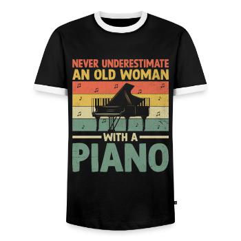 Unterschätzen Sie niemals eine alte Frau mit einem Klavier Pian - Männer Kontrast-T-Shirt - Schwarz/Weiß - Vorne - AI Model Female 172 light (172cm) & AI Model Male 178 light (178cm)