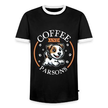 Coffee and Parson Russell Terrier - Men's Ringer Shirt - black/white - Front - AI Model Female 172 light (172cm) & AI Model Male 178 light (178cm)