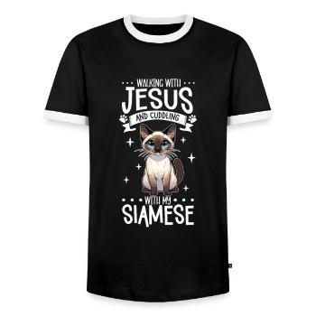 Jésus et mon chat siamois - T-shirt contrasté Homme - noir/blanc - Devant - AI Model Female 172 light (172cm) & AI Model Male 178 light (178cm)