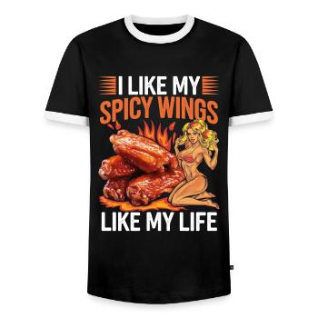 I Like My Spicy Wings Like My Life Chicken Woman - Men's Ringer Shirt - black/white - Front - AI Model Female 172 light (172cm) & AI Model Male 178 light (178cm)