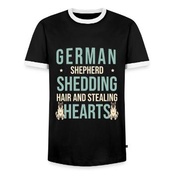 German Shepherd Shedding Hair And Stealing Hearts - Men's Ringer Shirt - black/white - Front - AI Model Female 172 light (172cm) & AI Model Male 178 light (178cm)