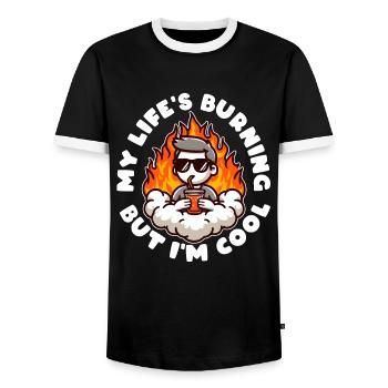 MY LIFE'S BURNING BUT I'M COOL - Men's Ringer Shirt - black/white - Front - AI Model Female 172 light (172cm) & AI Model Male 178 light (178cm)