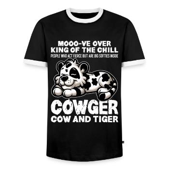 MOOO-VE ÜBER KING OF THE CHILL - KUH UND TIGER - Männer Kontrast-T-Shirt - Schwarz/Weiß - Vorne - AI Model Female 172 light (172cm) & AI Model Male 178 light (178cm)