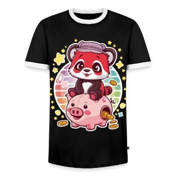 Red Kawaii Panda with Piggy Bank - Men's Ringer Shirt - black/white - Front - AI Model Female 172 light (172cm) & AI Model Male 178 light (178cm)