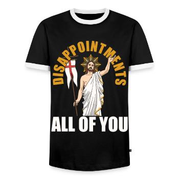 drôle de Jésus ! « Décevez-vous tous » ironique - T-shirt contrasté Homme - noir/blanc - Devant - AI Model Female 172 light (172cm) & AI Model Male 178 light (178cm)