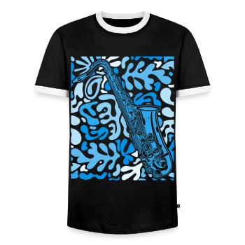 Musik Feiern: Saxophon Rock 'n' Roll -Künstler - Männer Kontrast-T-Shirt - Schwarz/Weiß - Vorne - AI Model Female 172 light (172cm) & AI Model Male 178 light (178cm)