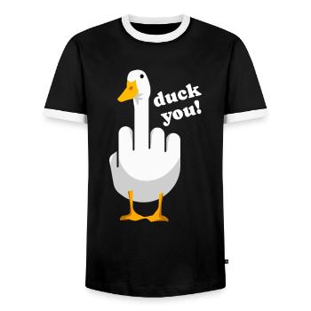 Rude Funny Saying "Duck You" Outfit - Men's Ringer Shirt - black/white - Front - AI Model Female 172 light (172cm) & AI Model Male 178 light (178cm)