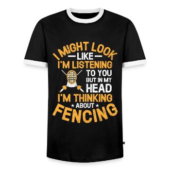 Aber in meinem Kopf denke ich über das Fechtschwert nach - Männer Kontrast-T-Shirt - Schwarz/Weiß - Vorne - AI Model Female 172 light (172cm) & AI Model Male 178 light (178cm)