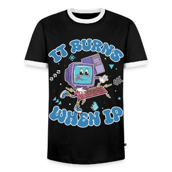 Funny saying "It Burns when I Pee"! - Men's Ringer Shirt - black/white - Front - AI Model Female 172 light (172cm) & AI Model Male 178 light (178cm)
