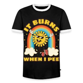 Funny saying "It Burns when I Pee"! - Men's Ringer Shirt - black/white - Front - AI Model Female 172 light (172cm) & AI Model Male 178 light (178cm)