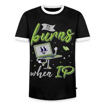 Funny saying "It Burns when I Pee"! - Men's Ringer Shirt - black/white - Front - AI Model Female 172 light (172cm) & AI Model Male 178 light (178cm)