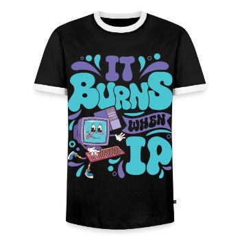 Lustiger Spruch "It Burns when i Pee"! Sarkastisch - Männer Kontrast-T-Shirt - Schwarz/Weiß - Vorne - AI Model Female 172 light (172cm) & AI Model Male 178 light (178cm)