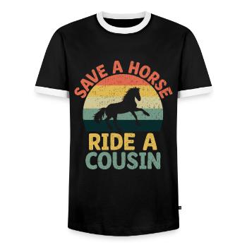 Save A Horse Ride A Cousin Cousins Family Reunion - Men's Ringer Shirt - black/white - Front - AI Model Female 172 light (172cm) & AI Model Male 178 light (178cm)