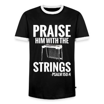 Praise Him with the Strings Psalm 150:4 - Men's Ringer Shirt - black/white - Front - AI Model Female 172 light (172cm) & AI Model Male 178 light (178cm)