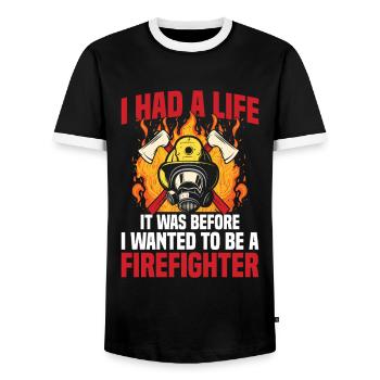 I had a life until I got a Firefi - Men's Ringer Shirt - black/white - Front - AI Model Female 172 light (172cm) & AI Model Male 178 light (178cm)