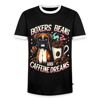 Boxer Beans And Caffeine Dreams Dog Lover - Men's Ringer Shirt - black/white - Front - AI Model Female 172 light (172cm) & AI Model Male 178 light (178cm)