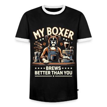 My Boxer Brews Better Than You Caffeine Lover Dog - Men's Ringer Shirt - black/white - Front - AI Model Female 172 light (172cm) & AI Model Male 178 light (178cm)