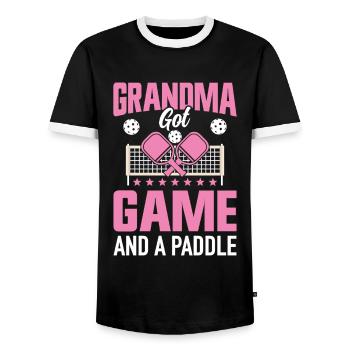 Pickleball Granny Paddleball Grandmother Paddle Game - Men's Ringer Shirt - black/white - Front - AI Model Female 172 light (172cm) & AI Model Male 178 light (178cm)