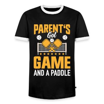 Pickleball Parents Paddleball Mom Dad Paddle - Men's Ringer Shirt - black/white - Front - AI Model Female 172 light (172cm) & AI Model Male 178 light (178cm)