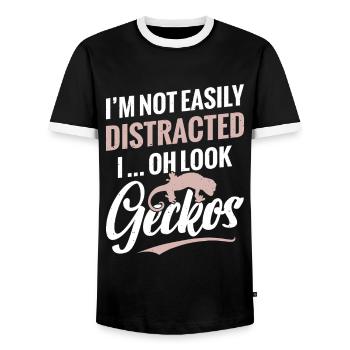 I'm not easily distracted. Oh, look geckos - Men's Ringer Shirt - black/white - Front - AI Model Female 172 light (172cm) & AI Model Male 178 light (178cm)