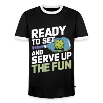 Pickleball Team Sports Paddleball Games - Men's Ringer Shirt - black/white - Front - AI Model Female 172 light (172cm) & AI Model Male 178 light (178cm)