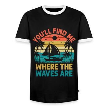 You'll Find Me Where The Waves Are Paddle Boat - Men's Ringer Shirt - black/white - Front - AI Model Female 172 light (172cm) & AI Model Male 178 light (178cm)