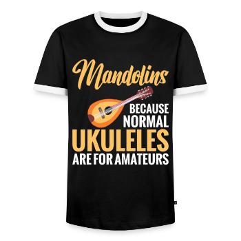 Mandolin, because regular ukuleles are for amateurs - Men's Ringer Shirt - black/white - Front - AI Model Female 172 light (172cm) & AI Model Male 178 light (178cm)