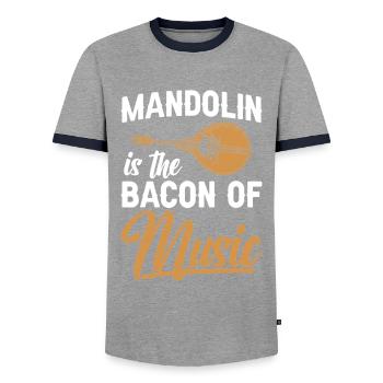 Mandolin is the bacon of music - Men's Ringer Shirt - grey/navy  - Front - AI Model Female 172 light (172cm) & AI Model Male 178 light (178cm)