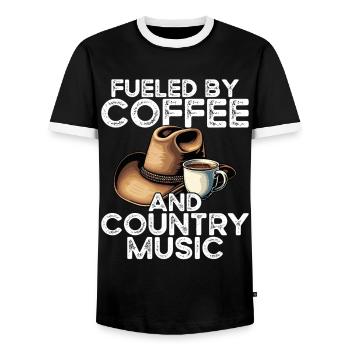 Powered by coffee and country music - Men's Ringer Shirt - black/white - Front - AI Model Female 172 light (172cm) & AI Model Male 178 light (178cm)