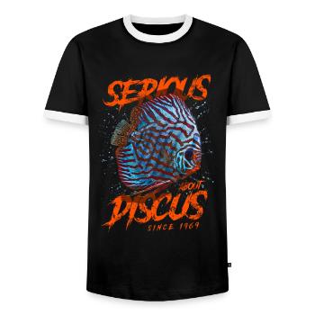 Serious About Discus Fish Since 1969 - Men's Ringer Shirt - black/white - Front - AI Model Female 172 light (172cm) & AI Model Male 178 light (178cm)