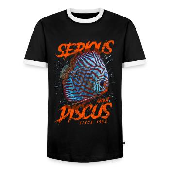 Serious About Discus Fish Since 1962 - Men's Ringer Shirt - black/white - Front - AI Model Female 172 light (172cm) & AI Model Male 178 light (178cm)