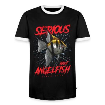 Serious About Discus Fish Since 2005 - Men's Ringer Shirt - black/white - Front - AI Model Female 172 light (172cm) & AI Model Male 178 light (178cm)