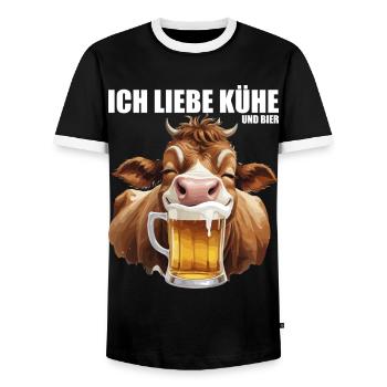 trinkende Kuh mit Bier Ich liebe Kühe und Bier  - Männer Kontrast-T-Shirt - Schwarz/Weiß - Vorne - AI Model Female 172 light (172cm) & AI Model Male 178 light (178cm)