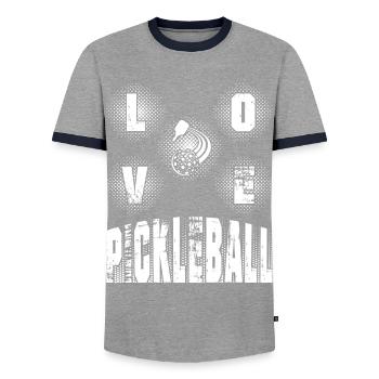 "Love Pickleball" - Men's Ringer Shirt - grey/navy  - Front - AI Model Female 172 light (172cm) & AI Model Male 178 light (178cm)