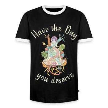 Have the Day you deserve! Buddha meditating - Men's Ringer Shirt - black/white - Front - AI Model Female 172 light (172cm) & AI Model Male 178 light (178cm)
