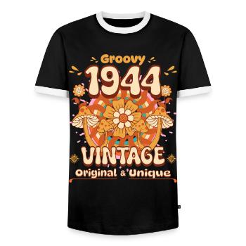 Vintage Year 1944 Birthday Woman 80 Years Old - Men's Ringer Shirt - black/white - Front - AI Model Female 172 light (172cm) & AI Model Male 178 light (178cm)