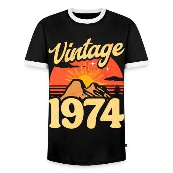 Vintage 50th Anniversary 1974 - Men's Ringer Shirt - black/white - Front - AI Model Female 172 light (172cm) & AI Model Male 178 light (178cm)