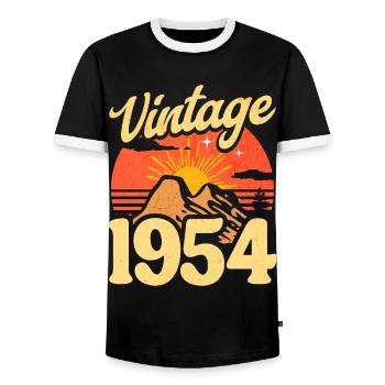 Vintage 70th Anniversary 1954 - Men's Ringer Shirt - black/white - Front - AI Model Female 172 light (172cm) & AI Model Male 178 light (178cm)