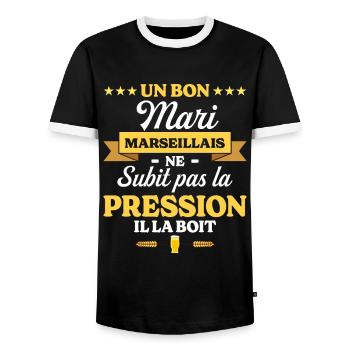 Mari Marseillais Compagnon Humour Mari - T-shirt contrasté Homme - noir/blanc - Devant - AI Model Female 172 light (172cm) & AI Model Male 178 light (178cm)