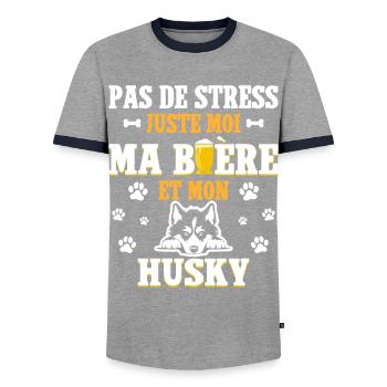 Humour Apéro Bière Papa Chien Husky - T-shirt contrasté Homme - gris/marine  - Devant - AI Model Female 172 light (172cm) & AI Model Male 178 light (178cm)