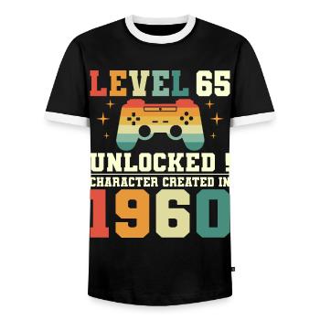 Level 65 Anniversary Gamer 65 Years - Men's Ringer Shirt - black/white - Front - AI Model Female 172 light (172cm) & AI Model Male 178 light (178cm)