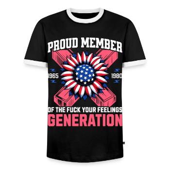 Flower USA Humor Generation X - Men's Ringer Shirt - black/white - Front - AI Model Female 172 light (172cm) & AI Model Male 178 light (178cm)