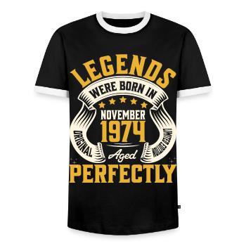 Jahr 1974 50. Jahrestag des Novembers - Männer Kontrast-T-Shirt - Schwarz/Weiß - Vorne - AI Model Female 172 light (172cm) & AI Model Male 178 light (178cm)