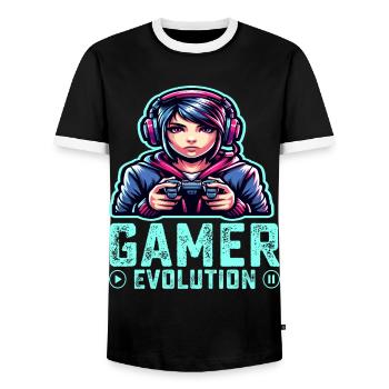 Evolution of a Gamer, Cool Gaming Design - Men's Ringer Shirt - black/white - Front - AI Model Female 172 light (172cm) & AI Model Male 178 light (178cm)