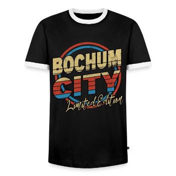 Bochum Germany City Font 80s Style - Men's Ringer Shirt - black/white - Front - AI Model Female 172 light (172cm) & AI Model Male 178 light (178cm)