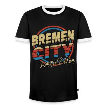 Bremen Germany City Font 80s Style - Men's Ringer Shirt - black/white - Front - AI Model Female 172 light (172cm) & AI Model Male 178 light (178cm)